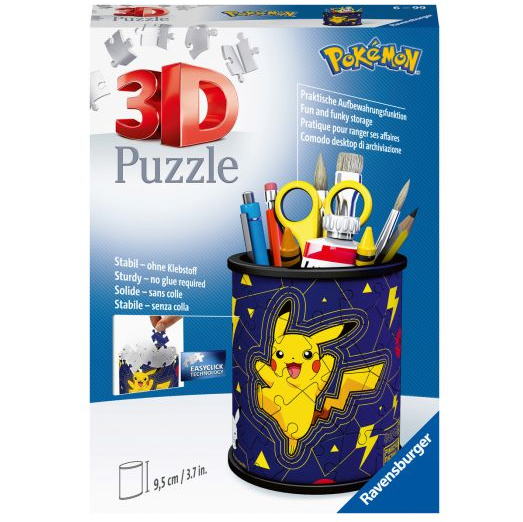 Ravensburger 3D Puzzle toy packaging featuring a Pokémon-themed desk organizer cup with Pikachu graphics, shown on a white background. Pokémon Pikachu 54 piece 3D jigsaw puzzle pencil holder by Ravensburger