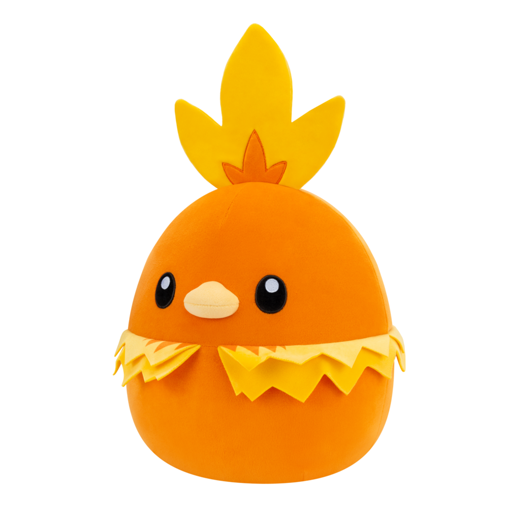 Pokémon Squishmallows Torchic 10 inch plush soft toy officially licensed. Plush toy resembling a chick in an egg with orange body and yellow feathers on a white background