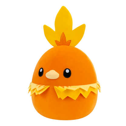 Pokémon Squishmallows Torchic 10 inch plush soft toy officially licensed. Plush toy resembling a chick in an egg with orange body and yellow feathers on a white background