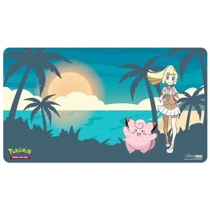 A rectangular Pokémon Ultra Pro playmat featuring a tropical beach scene with palm trees, a large sun, ocean water, a blonde girl character, and a pink creature, shown on a white background. Pokémon Lillie and Clefairy Playmat