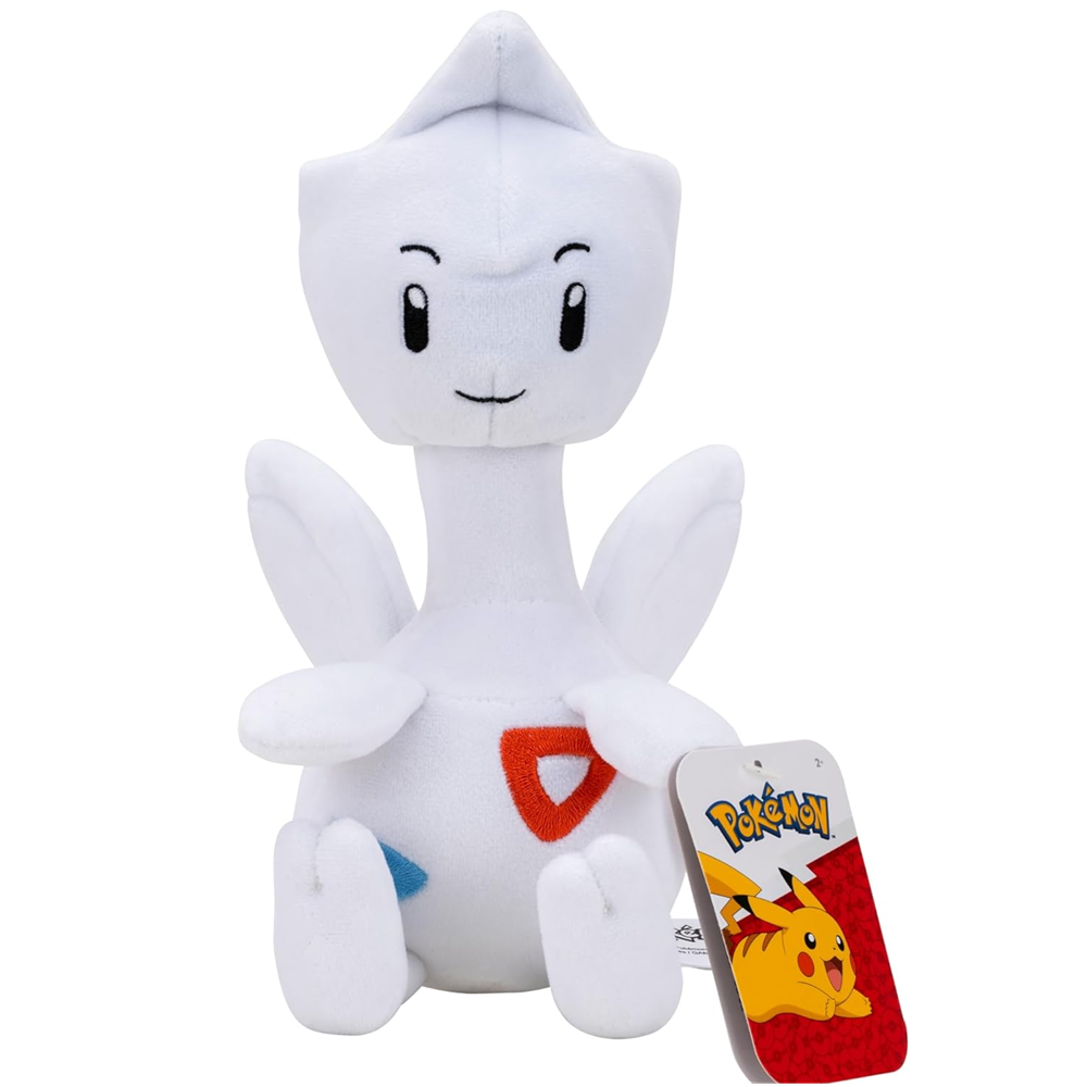White plush toy with a tag featuring a yellow character on a white background