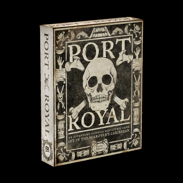 Port Royal Corebox Miniatures Skirmish Wargame. Board game box for 'Port Royal' with skull and crossbones design on a black background
