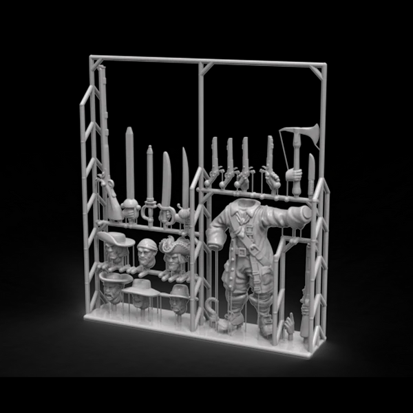 Port Royal Customisable Character Sprue. Model kit of a scene with characters and props on a black background