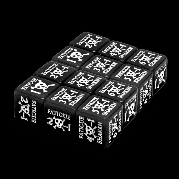 Fatigue Dice Set with 12 dice markers for tracking fatigue in historical and skirmish tabletop wargames like Blood & Plunder and Blood & Valor.