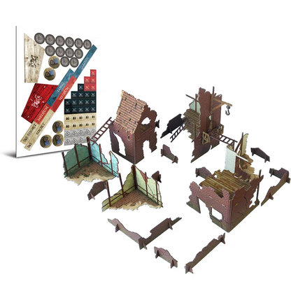 Port Royal Tokens and Terrain Punchboard Set. Set of miniature game pieces and buildings on a white background