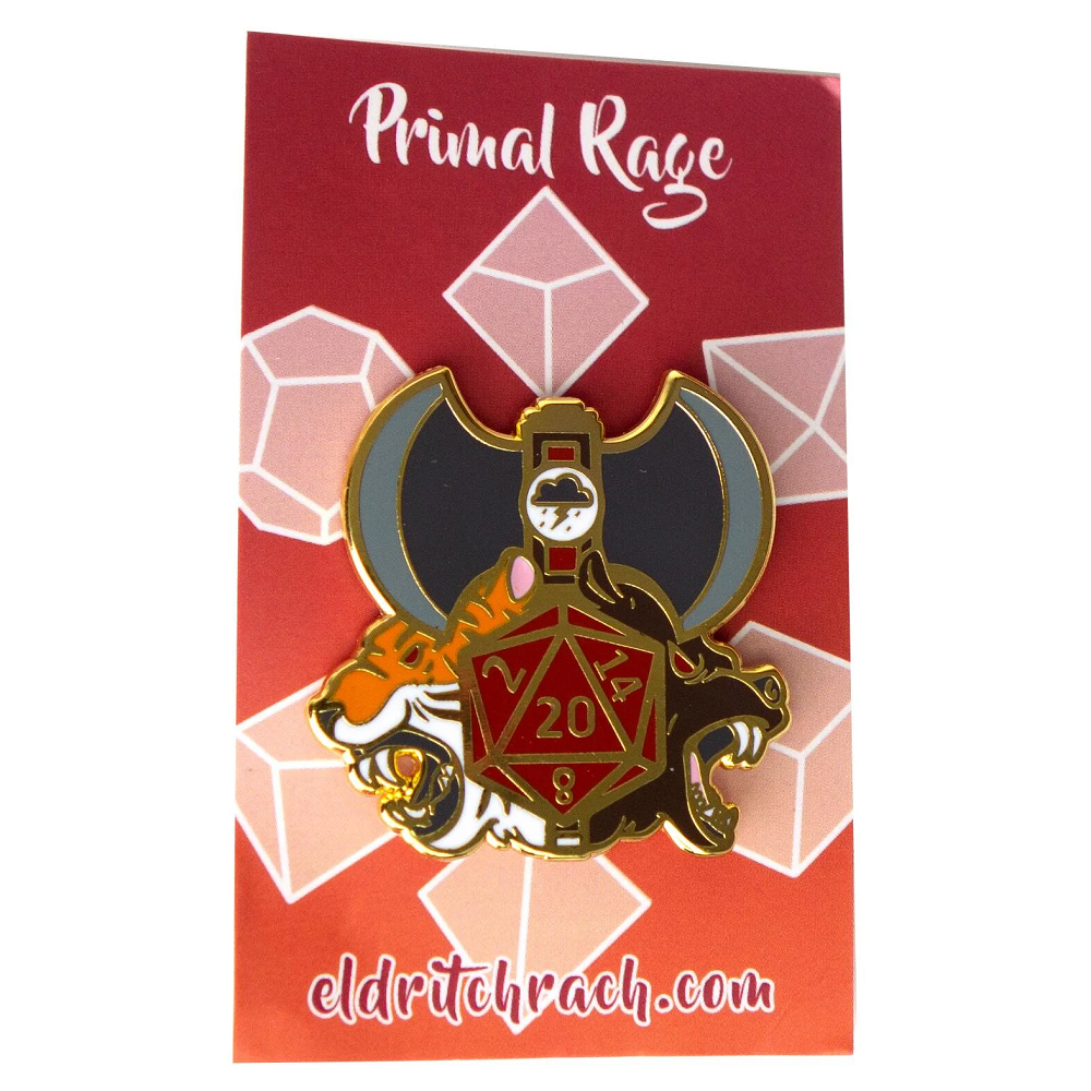 Enamel pin badge titled Primal Rage by Eldritch Rach, featuring a tiger, bear, D20 die, and battle axe. Includes backing card and two pin fasteners.