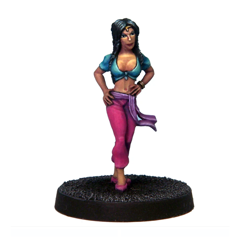 A long-haired lady in trousers and a short top, hands on hips, one foot forward, showcasing her midriff and décolletage, cast in white meta