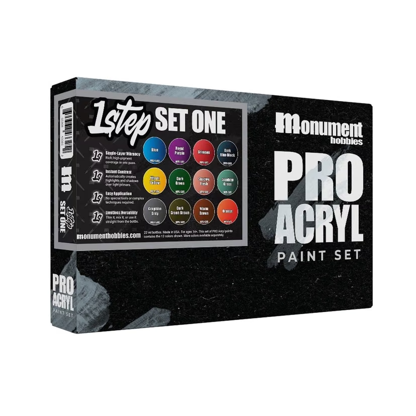 Box of Monument Hobbies Pro Acryl paint set on a white background. Pro Acryl 1-Step: Paint Set One