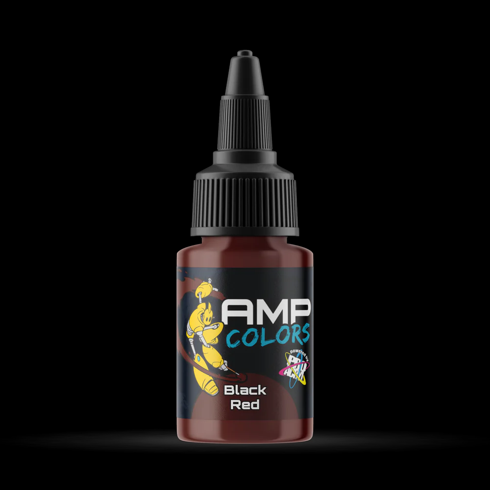 A 22ml bottle of Pro Acryl Black Red paint, featuring a glass agitator for mixing, designed for hobbyists and miniature painters to achieve deep, vibrant colours.