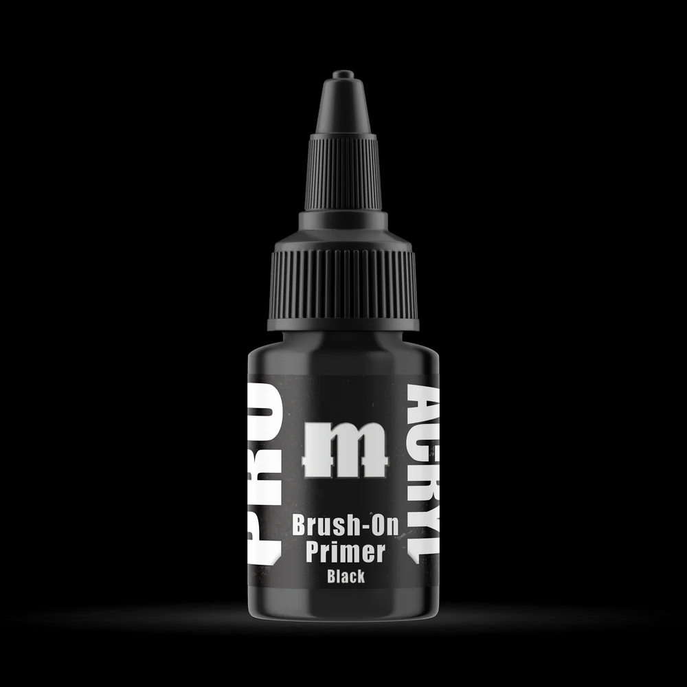 A 22ml bottle of Pro Acryl Brush-On Black Primer, featuring a matte finish and designed for easy brush application, perfect for priming miniatures.