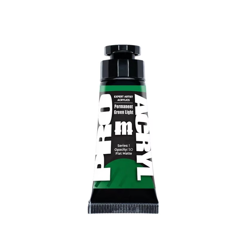 A tube of acrylic paint with a black cap and a green-and-white label, shown upright on a plain white background. Pro Acryl Expert Acrylics Permanent Green Light 30ml Series 1 Artist Acrylic Paint Tube