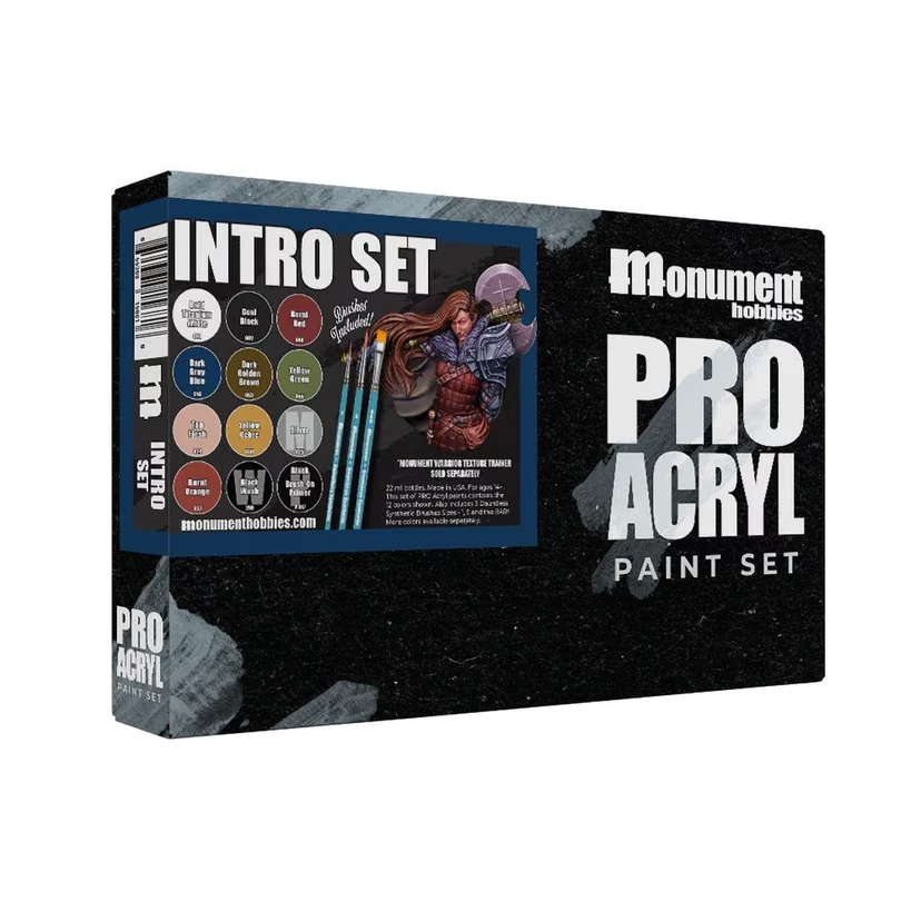 Monument Hobbies Pro Acryl paint set packaging on a white background. Pro Acryl Intro Set