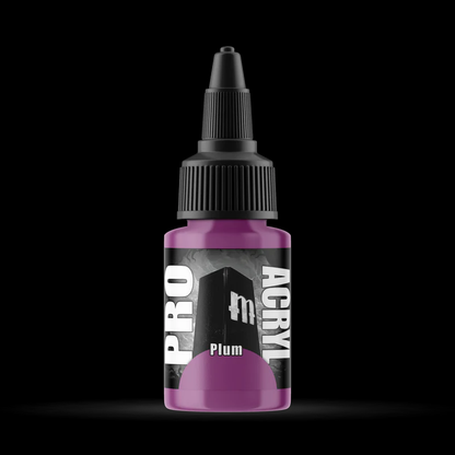 Pro Acryl Plum 22ml acrylic paint bottle with no-clog cap, matte finish, and glass agitators for smooth application and airbrush or brush techniques