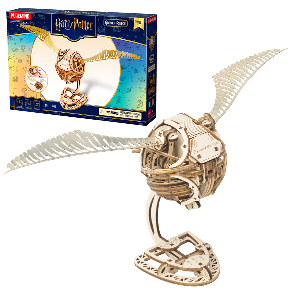 Puremind Harry Potter Mechanical Golden Snitch wooden model kit with moving wings on stand licensed 3D assembly model
