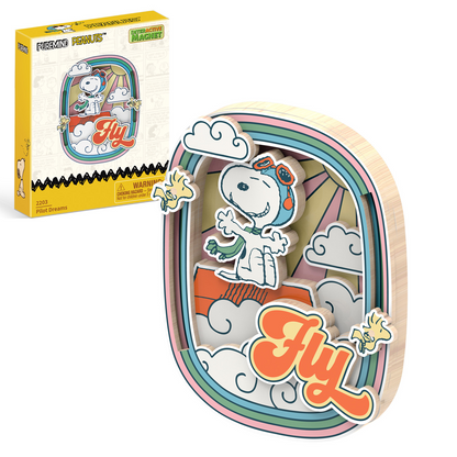 Snoopy-themed product with 'Fly' text and cloud design, next to its packaging.