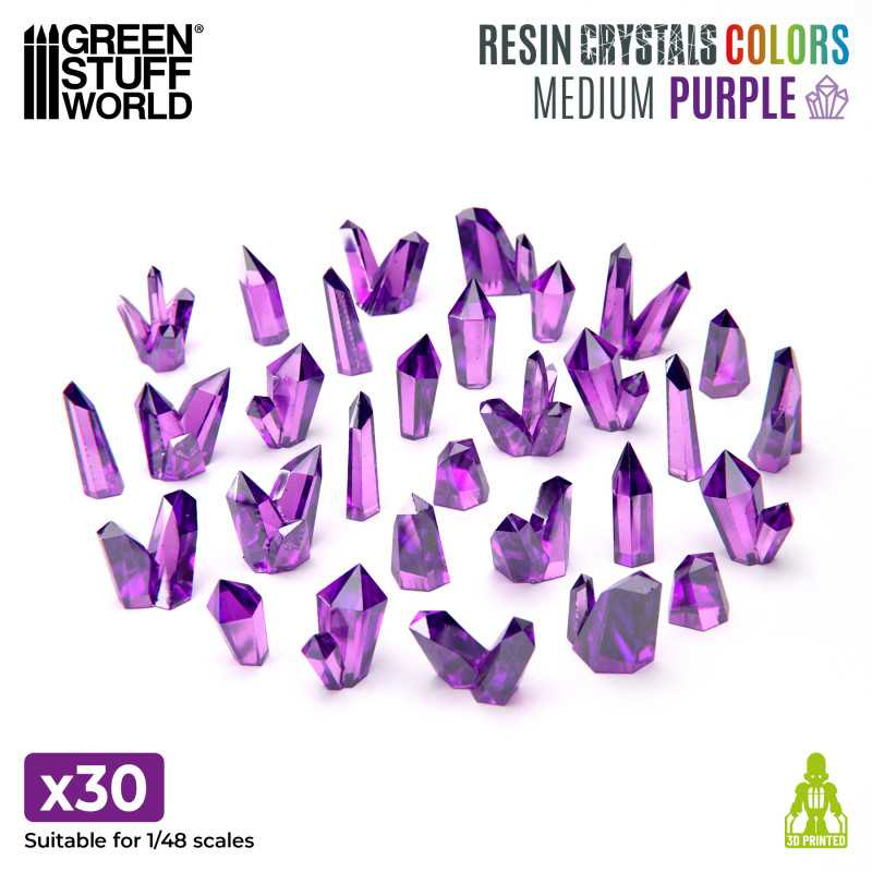 Purple Resin Crystals - Medium. Features 30 high-quality resin pieces in single, double, and triple configurations. Perfect for enhancing bases and scenery elements