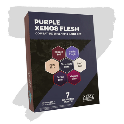 Army Painter Purple Xenos Flesh paint set packaging on a white background. Purple Xenos Flesh - The Army Painter Combat Se7ens Paint Set