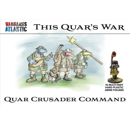 A box set containing 10 multi-part hard plastic figures of the Quar Crusader Command, including officers, standard bearers, musicians, and support specialists for tabletop gaming.