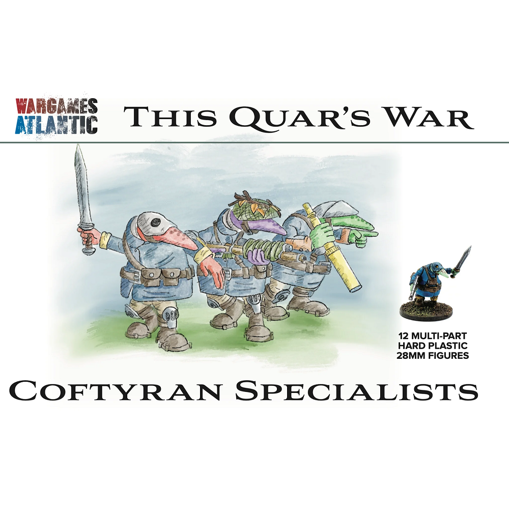A box set containing 12 multi-part hard plastic figures of Coftyran specialists, featuring trench raiders, sharpshooters, and RCO field gunners for tabletop gaming.