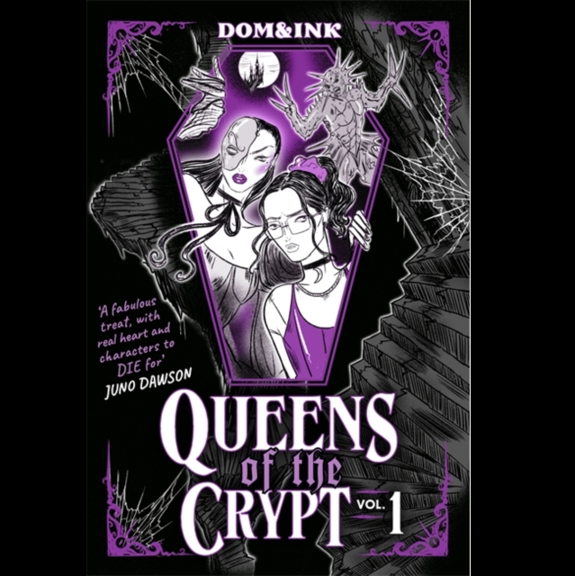 Front cover of the graphic novel/comic book 'Queens of the Crypt Vol 1' by Dom&Ink, featuring a black and white illustration of two women in a purple coffin-shaped frame with gothic horror artwork and text. Queens of the Crypt Vol. 1 horror graphic novel by Dom&Ink