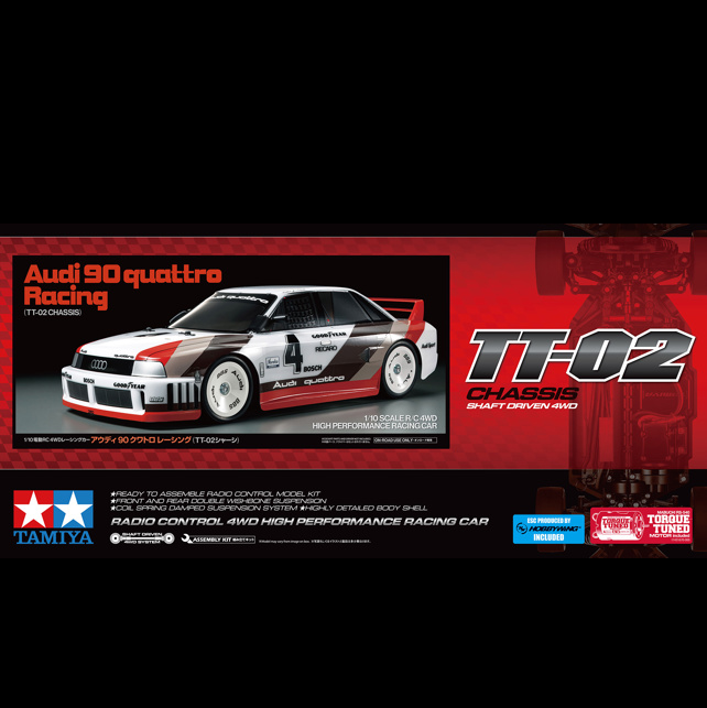 A 1/10 scale model kit of the Audi 90 Quattro Racing (TT-02) from Tamiya, featuring a detailed polycarbonate body, suspension system, and Mabuchi RS-540 motor.