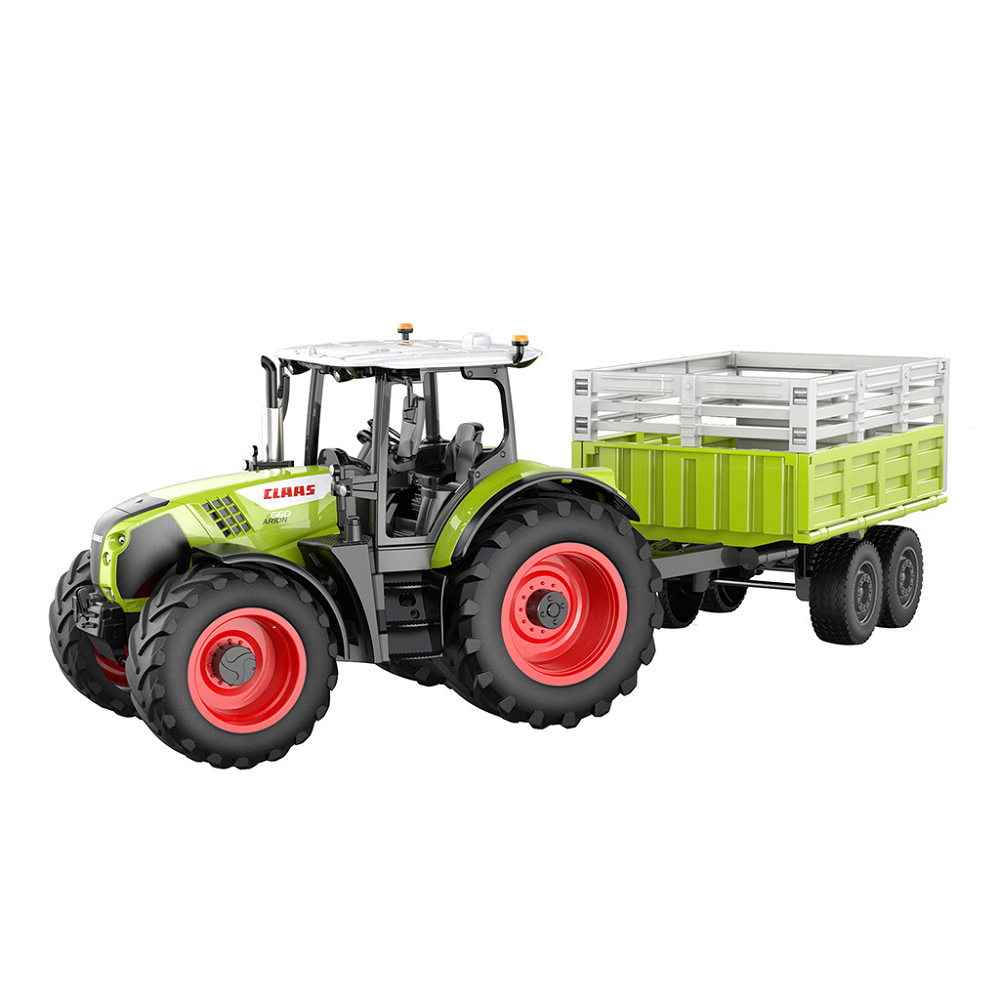 RC CLAAS Tractor with Tipping Trailer. A 1:24 scale CLAAS ARION 660 remote control tractor with detachable trailer. Features LED lights and omni-directional movement.
