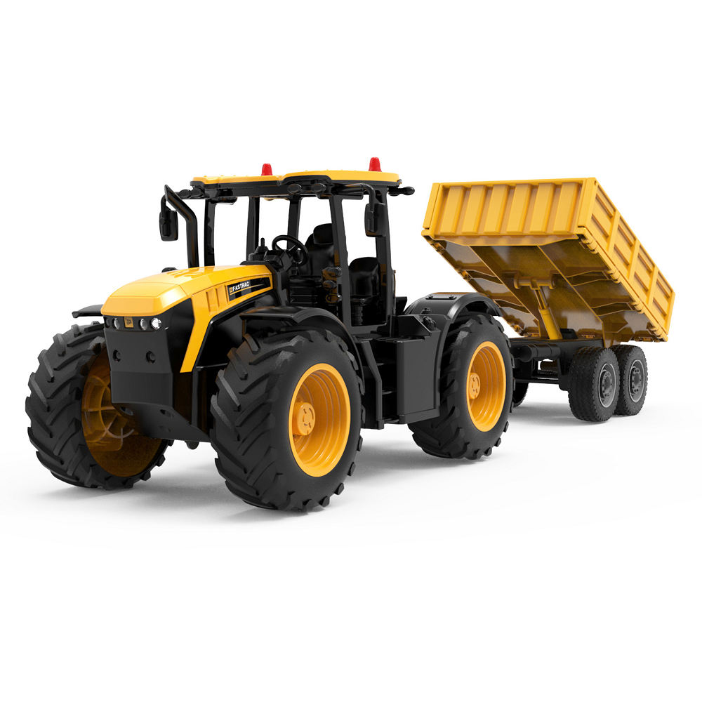 RC Farm Tractor with Tipping Trailer. A 1:24 scale JCB Fastrac 4220 remote control tractor with detachable trailer. Features LED lights and omni-directional movement
