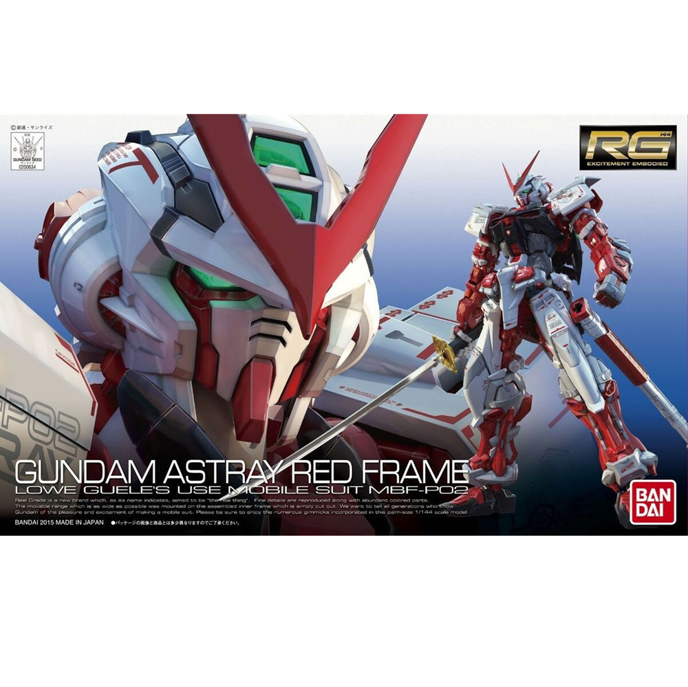 Model kit of a red and white robot with 'RG' branding on a blue background. RG Gundam Astray Red Frame MBF-P02 