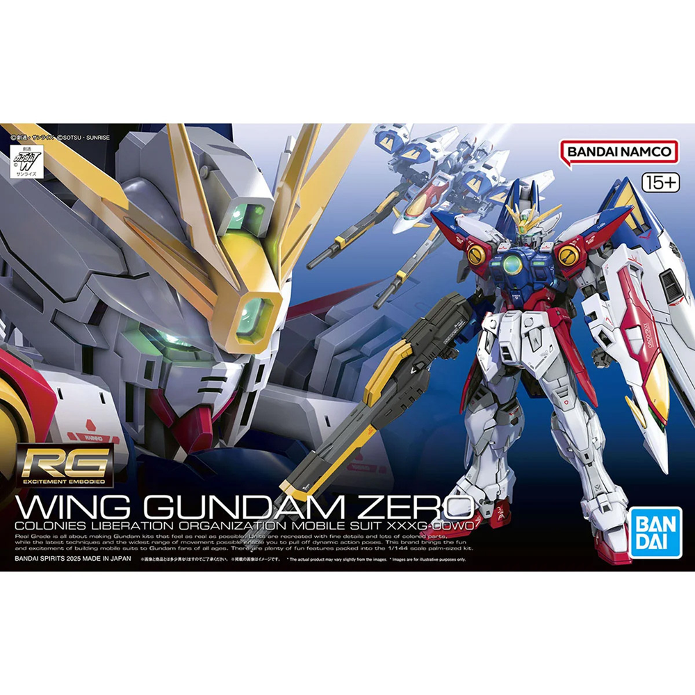 Model kit packaging of Wing Gundam Zero with Bandai branding. RG Wing Gundam Zero XXXG-OOWO 