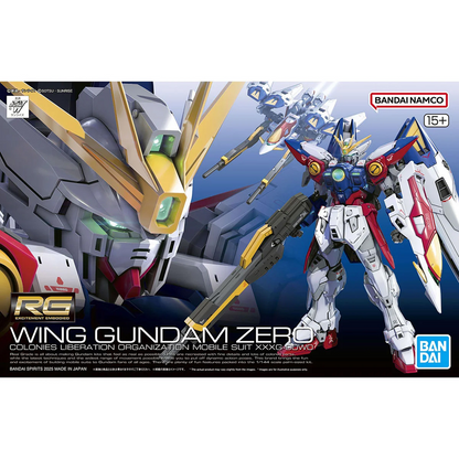 Model kit packaging of Wing Gundam Zero with Bandai branding. RG Wing Gundam Zero XXXG-OOWO 