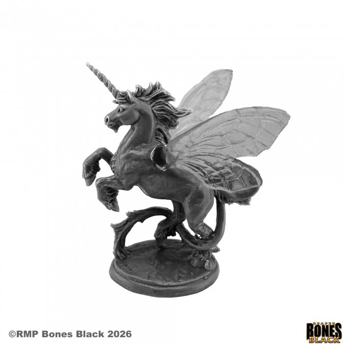 A dark metallic pewter-style statue of a winged unicorn, also known as a pegasus, rearing on a circular base. The product is shown against a plain white background with copyright text in the bottom-left corner and the 'Bones Black' logo in the bottom-right. Reaper miniatures Alicorn