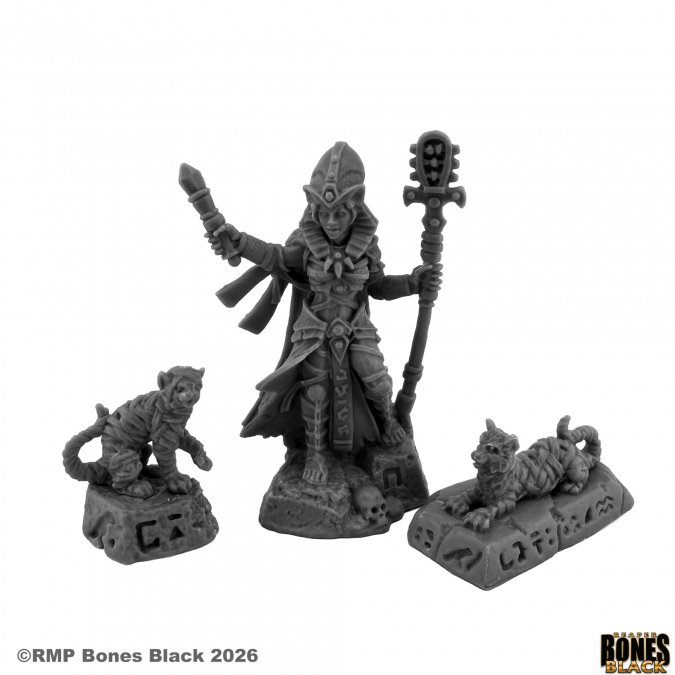 A set of unpainted grey tabletop gaming miniatures from the RMP Bones Black 2026 line, featuring a central female warrior holding a mace and staff, flanked by two small tiger statues on bases with hieroglyphic symbols, shown against a plain white background. Reaper Bones Black 44364 Mummy Queen