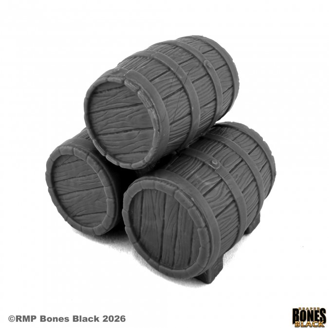 Three dark grey miniature wooden barrels with metal bands, arranged in a stack on a white background. The RMP Bones Black copyright text is visible in the bottom-left corner, and the RMP logo is in the bottom-right. Reaper Bones Black Barrel Stack.