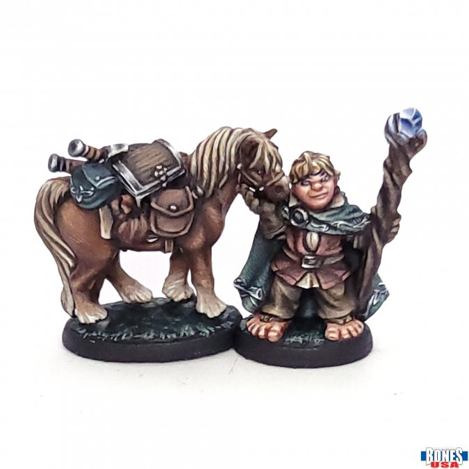 Reaper Dobbin and Boulder halfling and pony Bones USA Reaper Legends 25mm fantasy miniature set. Miniature figurine of a character with a horse on a white background