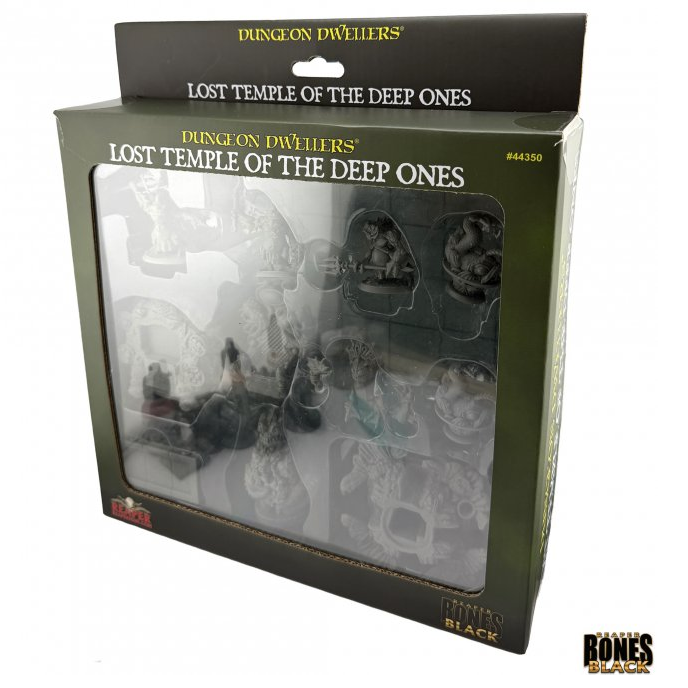 Dungeon Dwellers Lost Temple of the Deep Ones miniature set in its original packaging, featuring various dark stone terrain pieces visible through a clear plastic window on a white background. Reaper Lost Temple of the Deep Ones Deluxe Boxed Set with Deep One miniatures and temple scenery