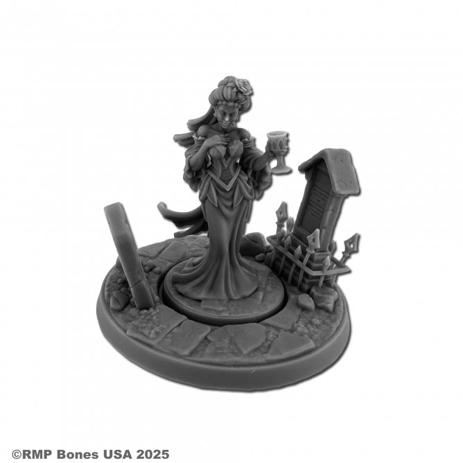Reaper Miniature Sadraseth, Vampire Queen Of Sullenhall. Grey miniature figurine of a character with a tombstone and candle on a white background