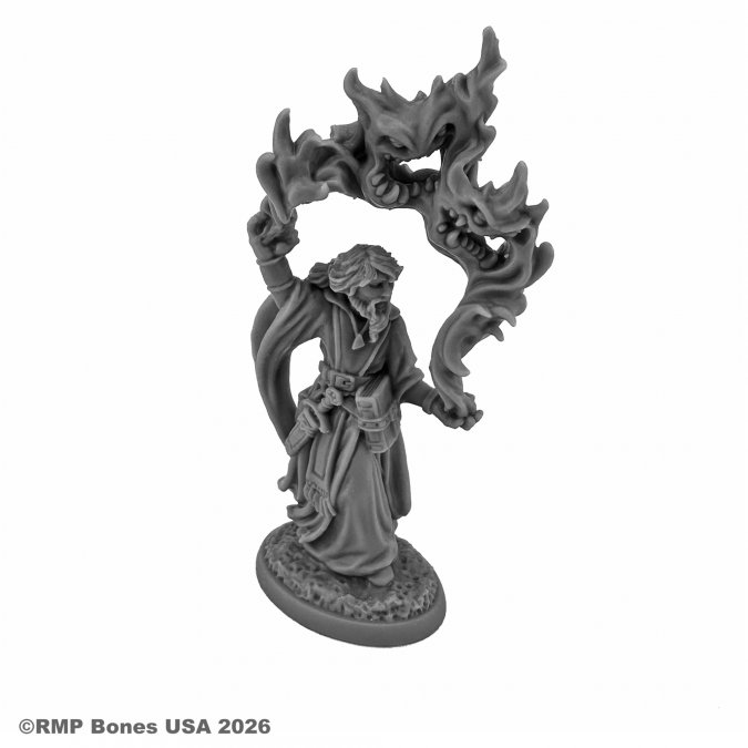 Gray miniature figurine of a character with dragon-like wings on a white background. Aaron the Conjuror