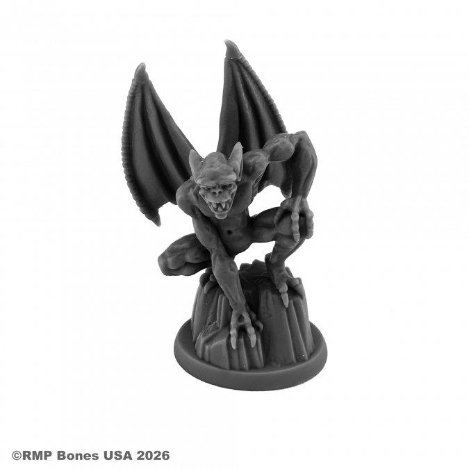 Gargoyle figurine on a white background with 'RMP Bones USA' branding. 07186 Gargoyle - Bones USA Dungeon Dwellers
