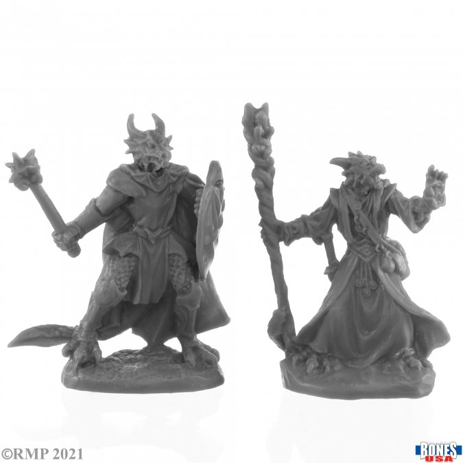 Reaper Miniatures 30222 Dragonfolk Wizard and Cleric Bones USA Reaper Legends 25mm heroic scale unpainted miniatures with staff mace and shield