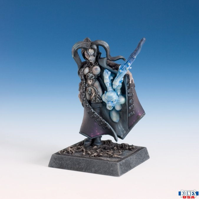 Reaper Miniatures 30228 Chaos Sorceress. Fantasy miniature figure with a blue glowing sword on a gradient background