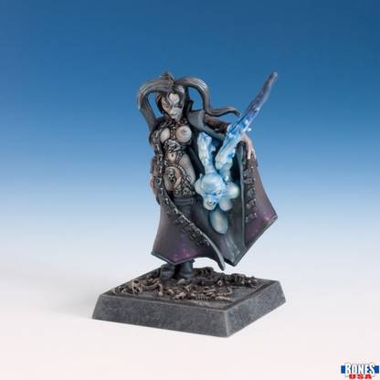 Reaper Miniatures 30228 Chaos Sorceress. Fantasy miniature figure with a blue glowing sword on a gradient background
