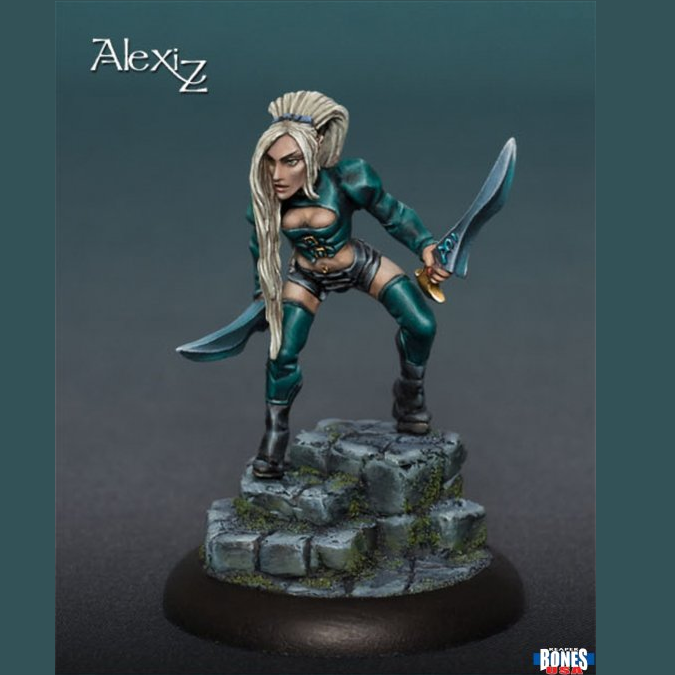 Reaper Miniatures 30229 Caryth, Female Dark Elf. Miniature figurine of a warrior with a sword on a grey background, featuring the brand 'Alexiz'.