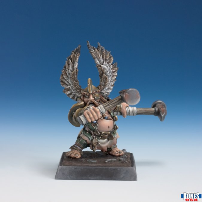 Reaper Miniatures 30236 Mad Rogat, Dwarf Hero. Fantasy figurine with wings and armour on a blue gradient background