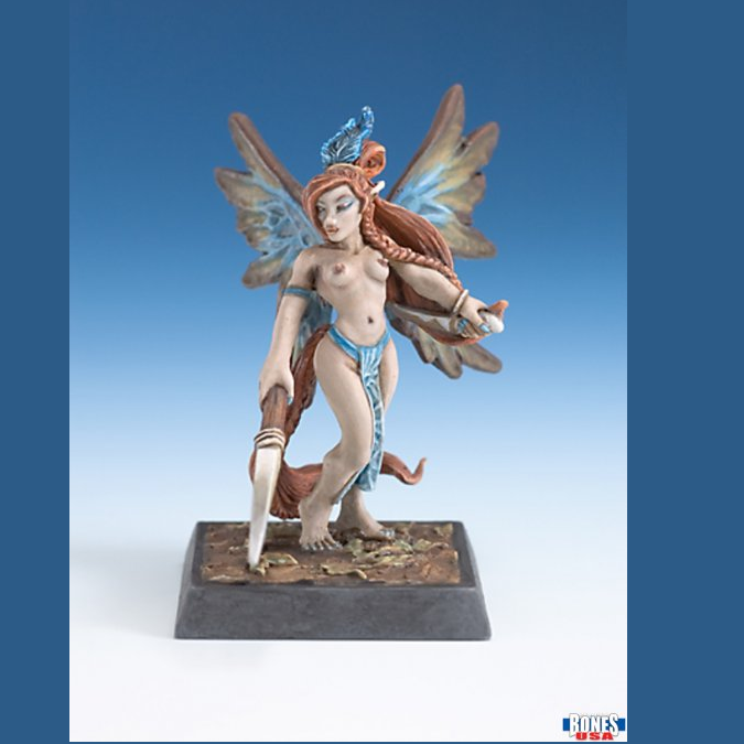 Reaper Miniatures 30239 Fairy #2. Statue of a fairy with wings on a blue gradient background