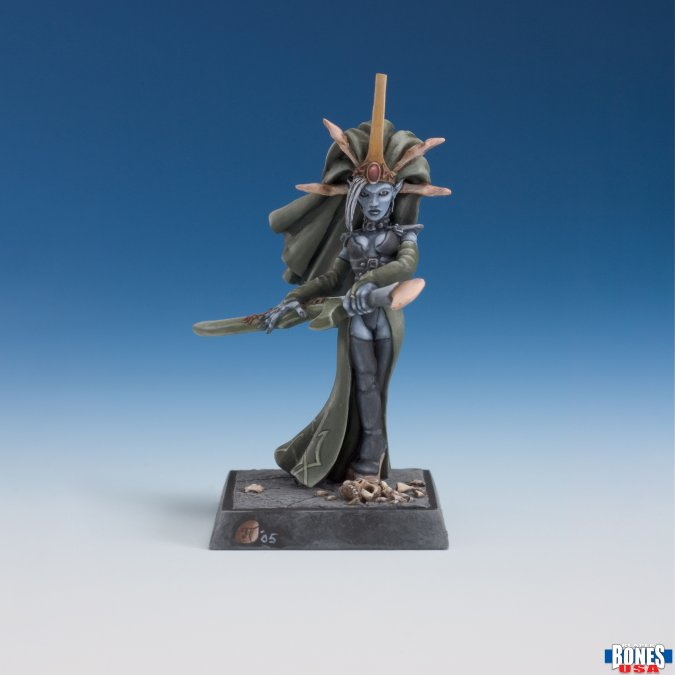 Reaper Miniatures 30246 Dark Elf Priestess. Fantasy figurine on a stand with a blue gradient background