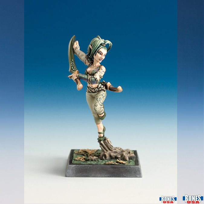 Reaper Miniatures 30247 Raleah The Elder. Unpainted elf miniature posed on tiptoe with sword, ponytail flowing, tank top and trousers, ideal for fantasy gaming and painting.