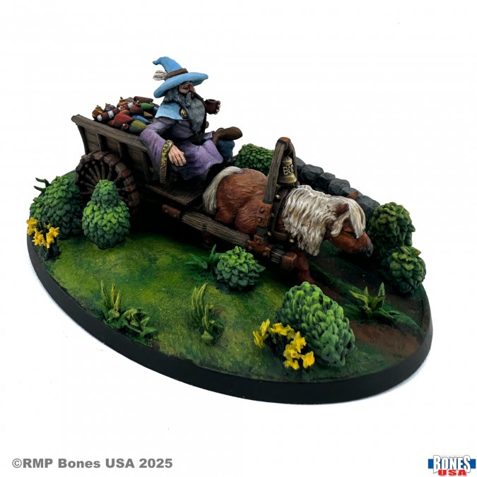 Reaper Miniatures 30255 Asterius The Fire Peddlar. Figurine of a wizard on a cart with a horse, set against a scenic background with grass and flowers.