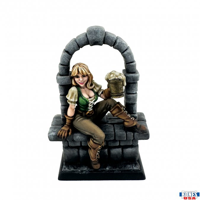 Reaper Miniatures 30265 Maddie, Oktoberfest Fraulein. Statue of a woman sitting on a stone archway holding a basket, with 'Hobbs USA' logo in the corner.