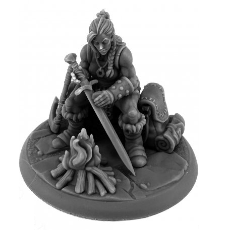 Reaper Miniatures 30279 Long Rest camping vignette Bones USA Reaper Legends 25mm heroic scale unpainted diorama with female warrior and campfire