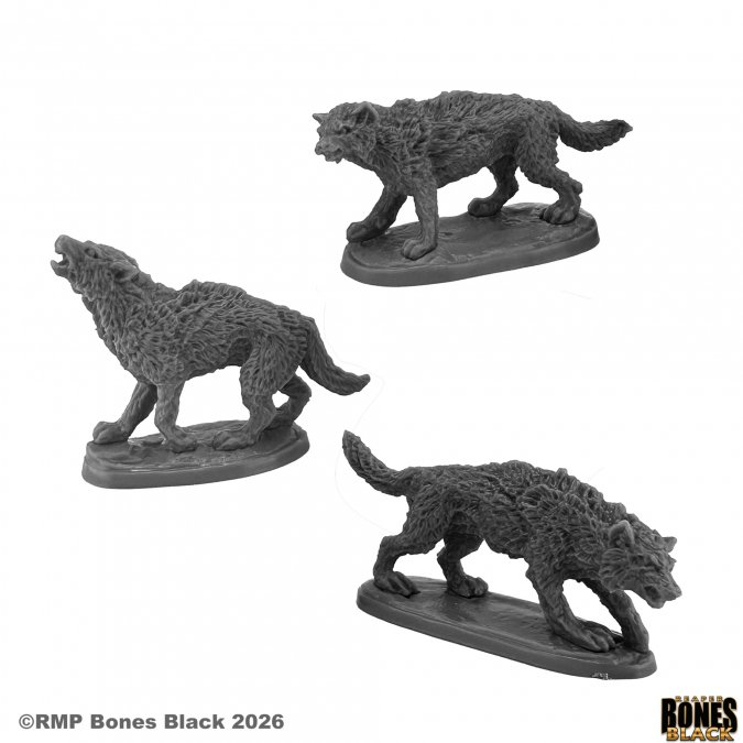 Three wolf figurines on stands with 'Rampart Games' branding on a white background. 44276 Wolf Pack 